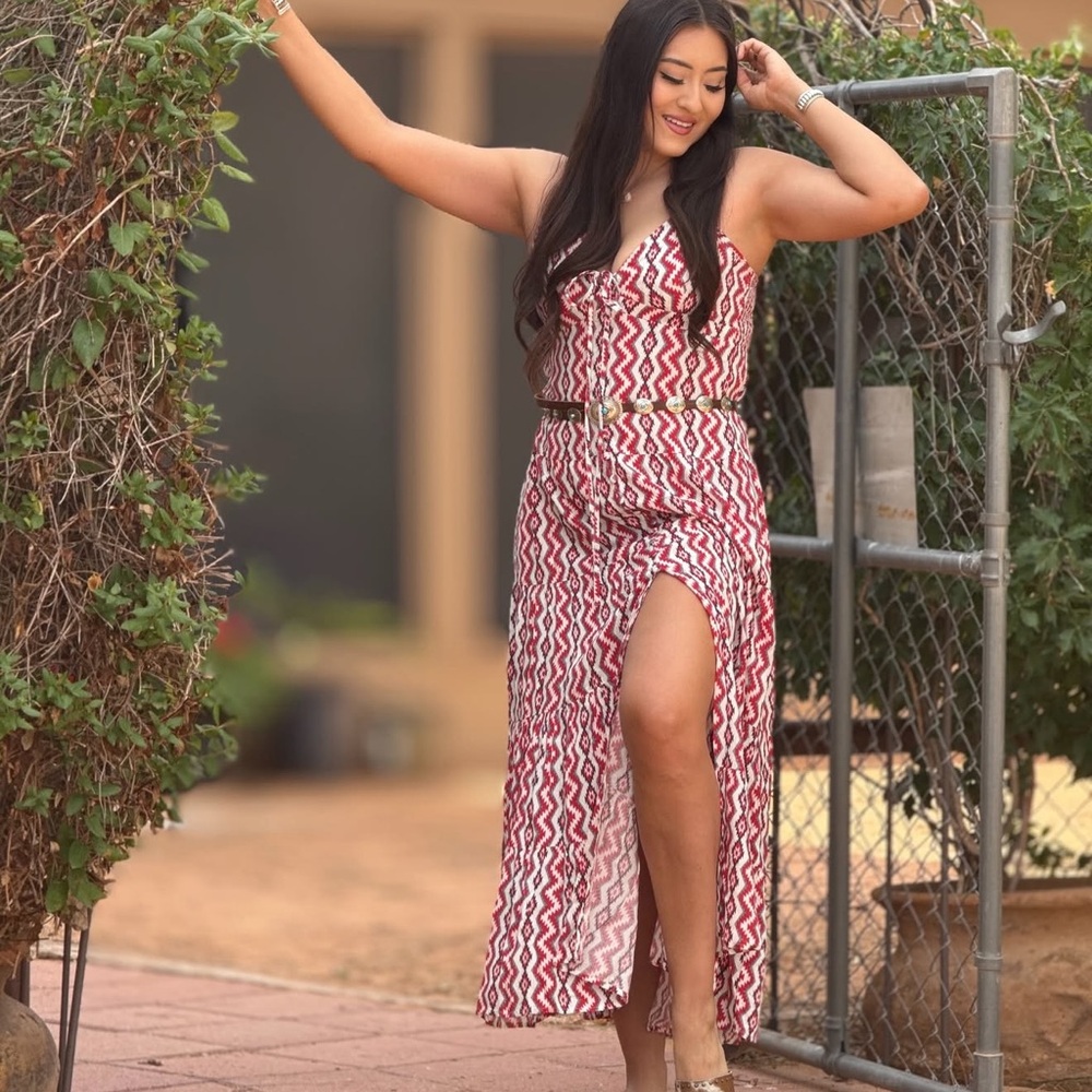 Red and White Patterned Maxi Dress